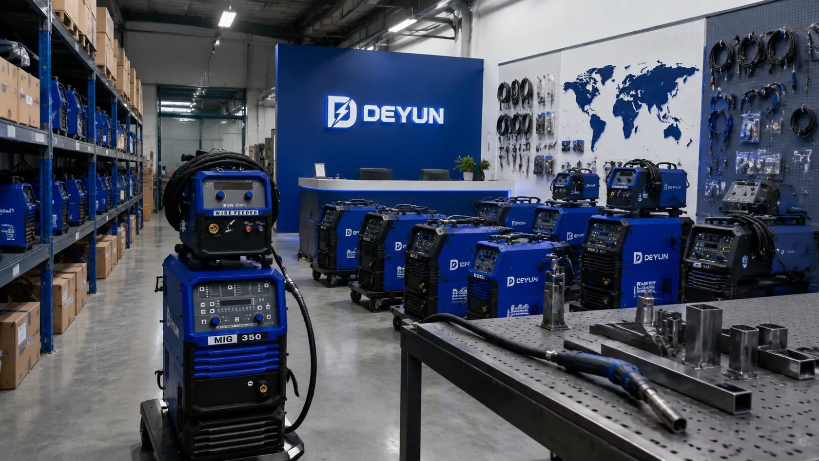 DEYUN showroom with welding machines and a world map wall
