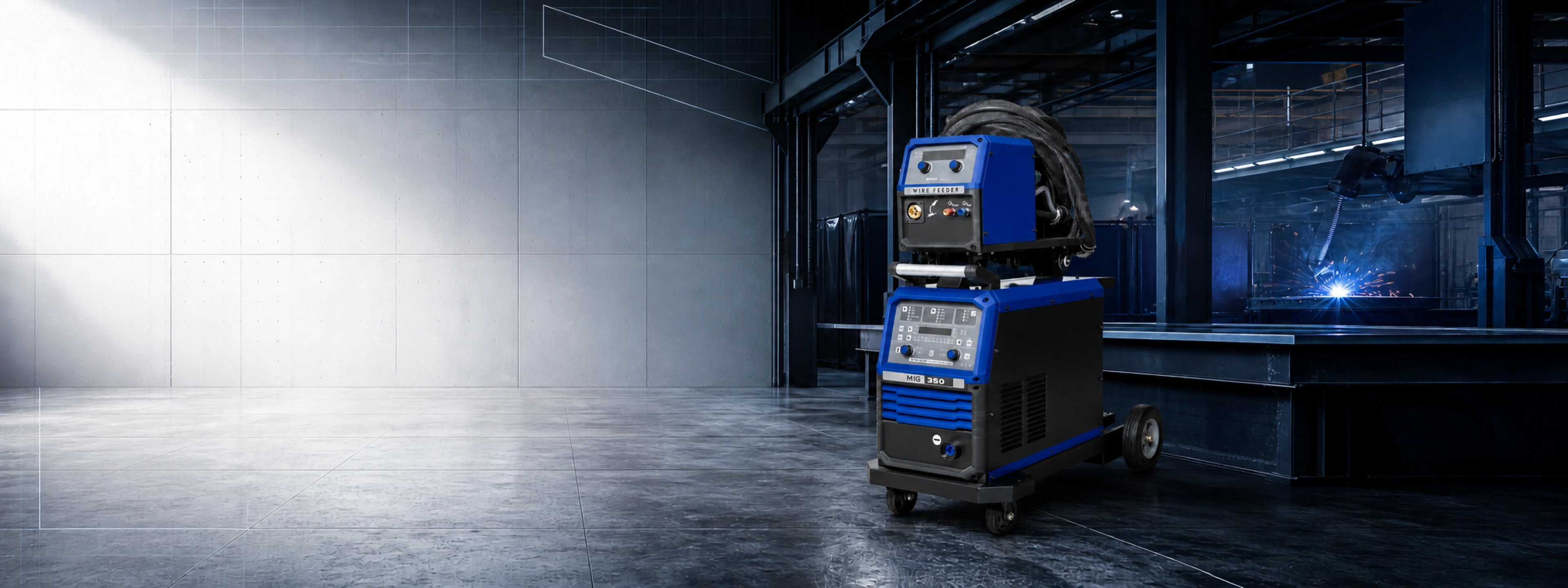 DEYUN MIG-350 welding system in a steel fabrication workshop