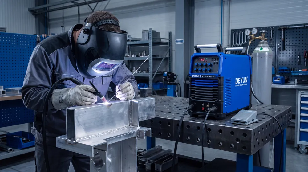 Workshop welding setup used to choose a welding machine by process, material and result.